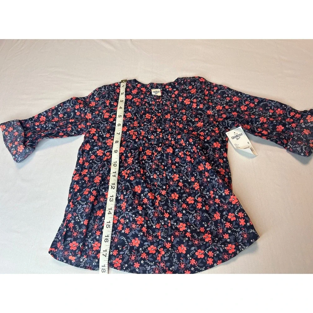 OshKosh Bgosh Girls Navy Blue Floral Pintuck Button Down Blouse Top Size 6 NEW